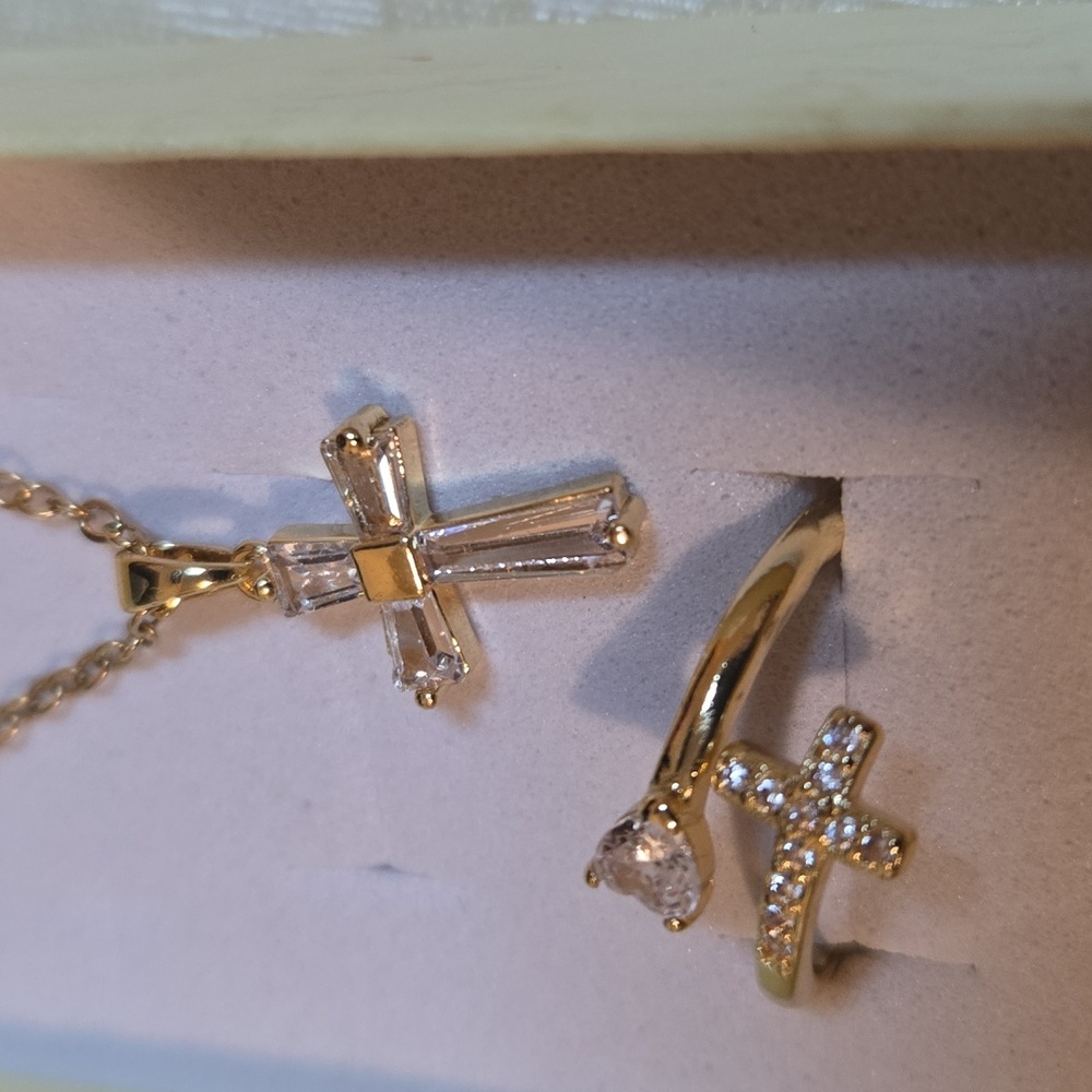 Gold-Tone Cross Necklace & Ring Set ✨ Clear Gems (Boxed)